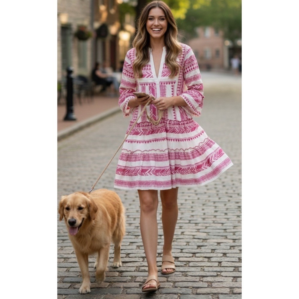 THML Women's XS Connor Dress Pink & White Fairy 3/4 Sleeve Ruffle‎ Boho Chic NEW